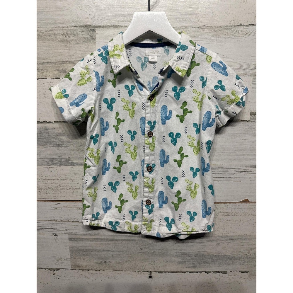Mud Pie Button Down Shirt Boys 4T-5T White Cactus Print Short Sleeve EUC